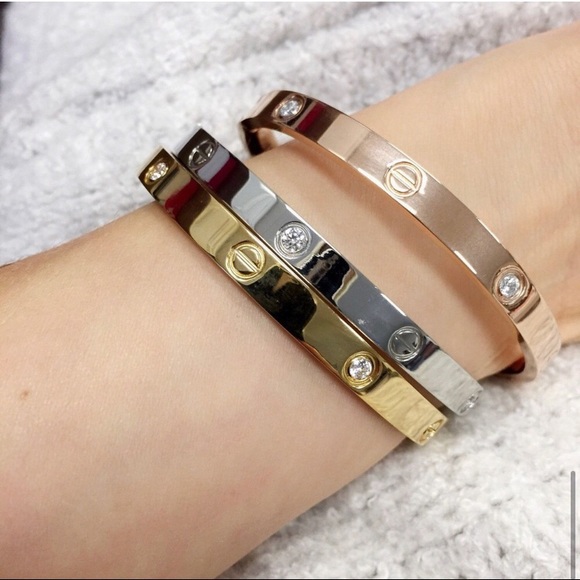 18k Gold Plated Love Bangle W/ Cubic Zirconia - Picture 8 of 8